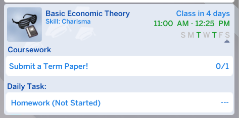 A sims 4 university class called "Basic Economic Theory" that requires the Charisma skill, as opposed to the Logic skill as expected