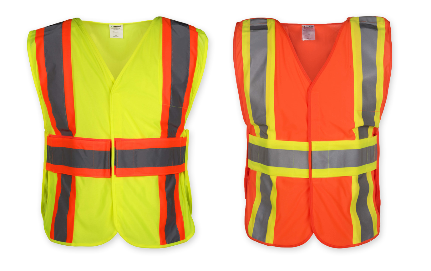 two standard hi-vis vests, one yellow with orange/reflective stripes, the other orange with yellow/reflective stripes