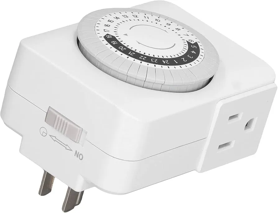 a (mechanical) plug-in timer. basically, plug this into an outlet and the outlet on it is on at certain times and off at others. you set this by messing with the pins iirc.