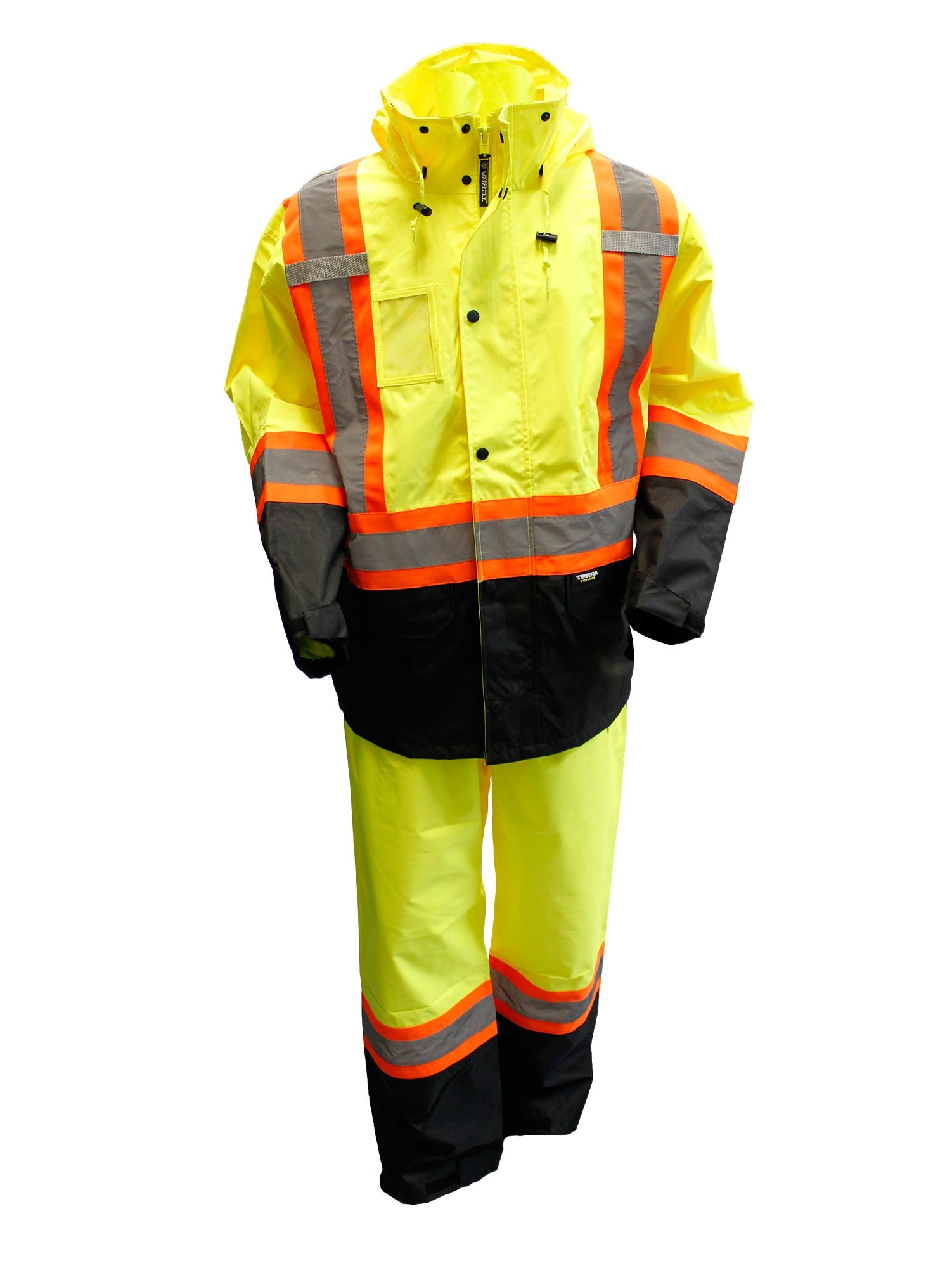 high-visibility rain gear jacket and pants, yellow with orange stripes and reflective strips within the orange, the bottom edge of the sleeves, jacket, and pants are black