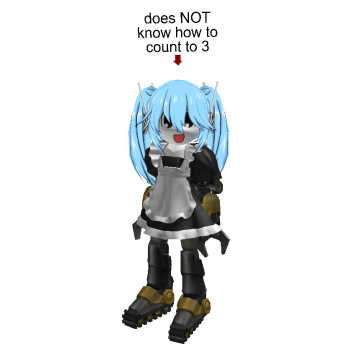 its robot avatar with an anime-like face staring slightly off to the distance with large eyes and its mouth open in a small smile. it has twintails   and bangs down between its eyes, as well as mecha-like winglets coming off of headphones that poke out between its head and the twintails. it has grey and yellow robotic pincher like hands similar to the arm of an excavator but scaled down to human arm size. similarly its legs are colored, with its feet being shaped about the same as a human foot while slightly larger and it has construction equipment-like tracks on the bottom of its feet. above its head is text saying “does not know how to count to three” with an arrow pointing down to it it is wearing a frilly black and white maids outfit with white lace on the apron, shoulders, and at the bottom of the dress. 