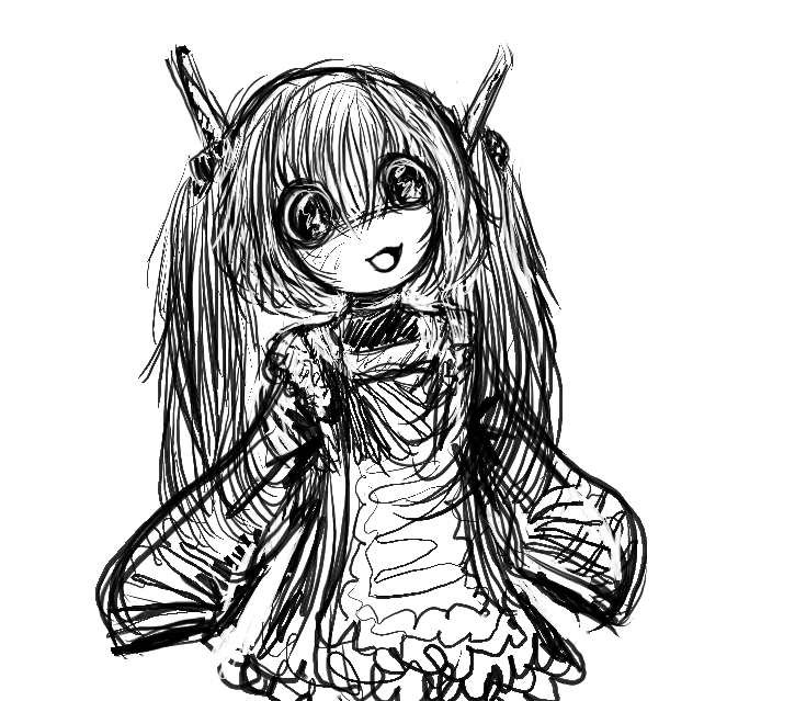 microsoft paint artwork using only the black oil brush on a white background, depicted is its robot avatar with an anime-like face staring slightly off to the distance with large eyes and its mouth open in a small smile. it has twintails   and bangs down between its eyes, as well as mecha-like winglets coming off of headphones that poke out between its head and the twintails. it is wearing a frilly black and white maids outfit with white lace on the apron, shoulders, and at the bottom of the dress. it is drawn with ling, loose sleeves covering its arms entirely. 