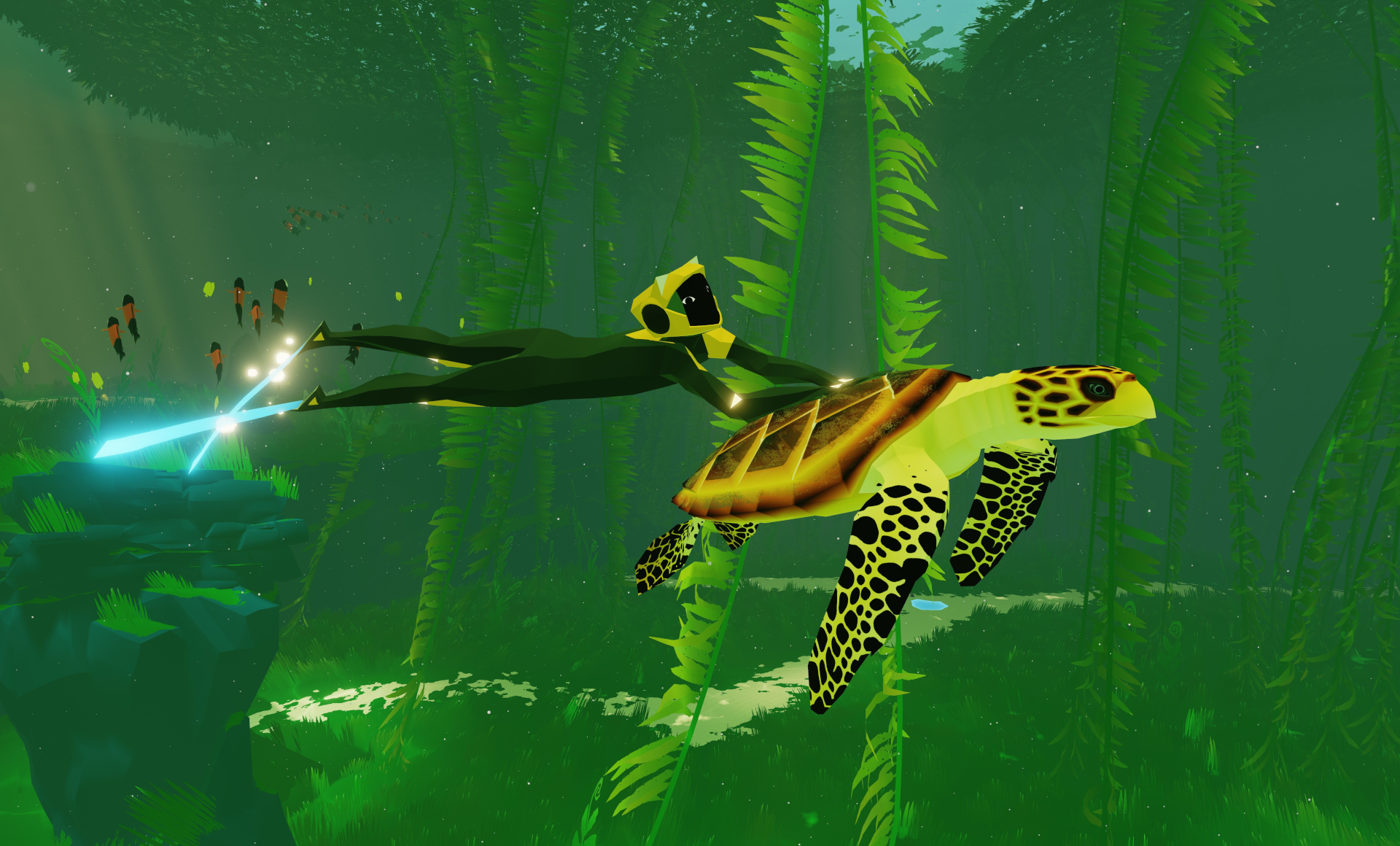 The protagonist of the 2016 game Abzu hitching a ride on a sea turtle, with a lush underwater background. The protag is a black and yellow robot with fins integrated into their feet.