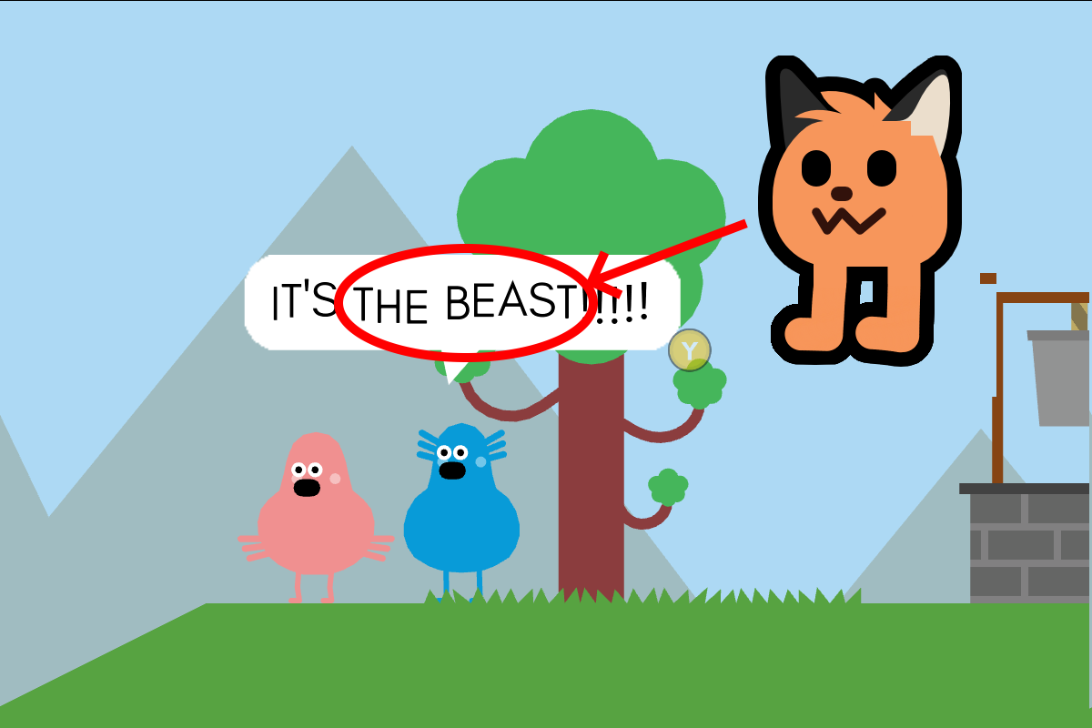 A cropped screenshot of the game Pikuniku where the blue villager is saying "IT'S THE BEAST!!!!!". The text "THE BEAST" is circled, and an arrow points from a picture overlayed on the screenshot of a neofox with legs to the circle.