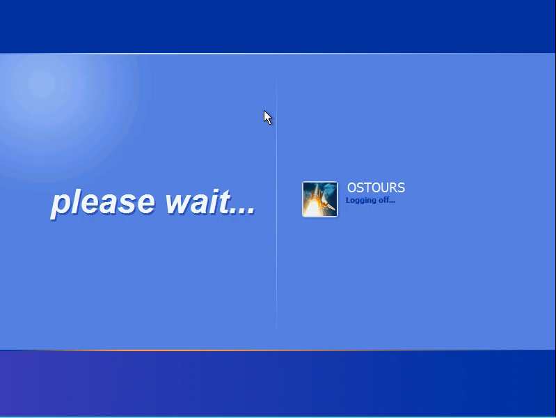 windows XP log-off screen with the text "please wait..." on the left side of a devider, with user "OSTOURS" and their rocket ship icon logging off on the other side of the devider