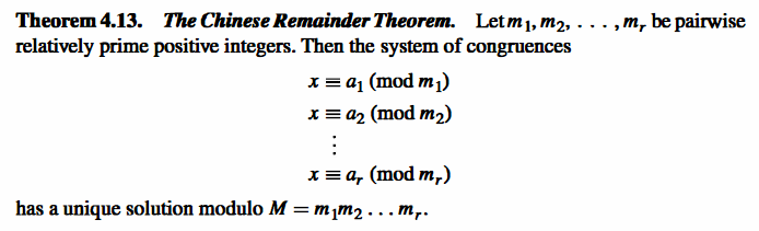 A cropped screenshot of a textbook stating the Chinese Remainder Theorem.

The following is a transcription in LaTeX:

\textbf{Theorem 4.13. \textit{The Chinese Remainder Theorem.}} Let $m_1, m_2, ..., m_r$ be pairwise relatively prime positive integers. Then the system of congruences
\begin{align*}
x &\equiv a_1 \pmod{m_1}
x &\equiv a_2 \pmod{m_2}
  &\vdots
x &\equiv a_r \pmod{m_r}
\end{align*}
has a unique solution modulo $M = m_1 m_2 ... m_r$.