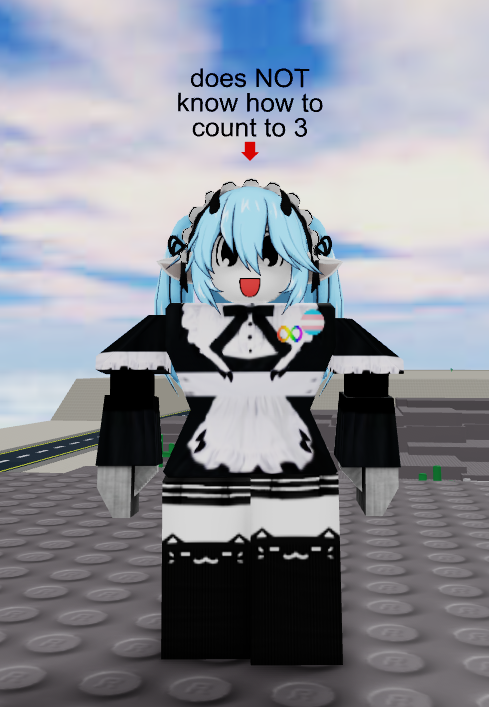 screenshot of it's roblox avatar, front view. It is wearing a black/white long sleeved maid dress, has robotic hands, and has "kitty print" black/white thigh highs. It has its signature maid headdress on over its sky blue twintails, now with the addition of little black sheep horns on its forehead and white sheep ears. Its face contains its typical blank stare/smile. On its chest it has an autism rainbow infinity symbol and a trans pride flag pin. Above its head is a sign w/ an arrow pointing at its head saying "does NOT know how to count to 3"