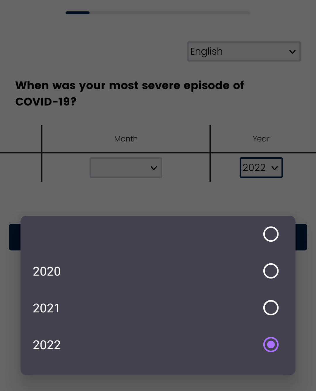 A survey question that asks "when was your most severe episode of COVID-19?". The only options for "year" were 2020, 2021 and 2022.