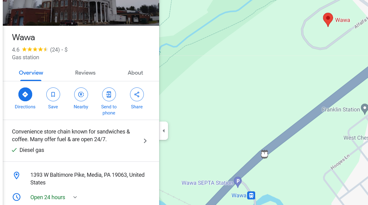 Crop of a screenshot of Google Maps showing a "Wawa" (convenience store) located in Wawa, Pennsylvania, USA, as indicated by the train station.
