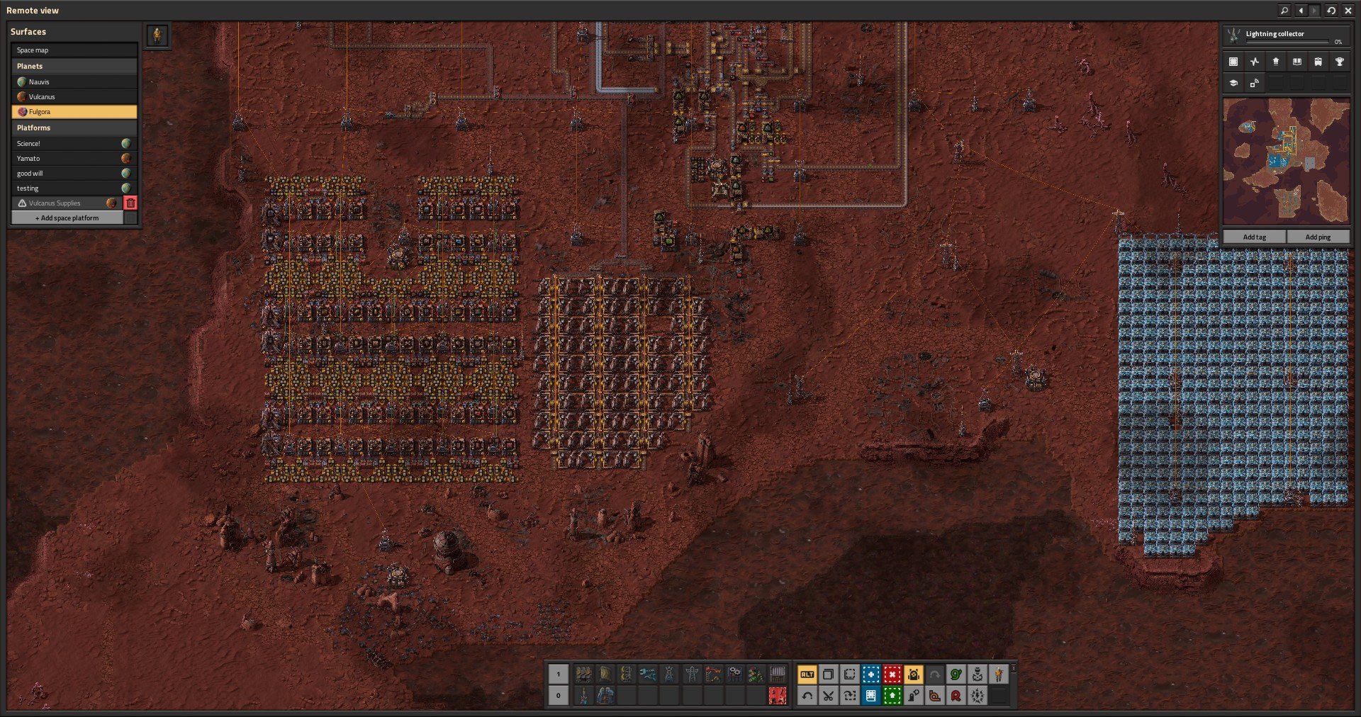 The southern half, showing a robot mall, a mine, and many accumulators.