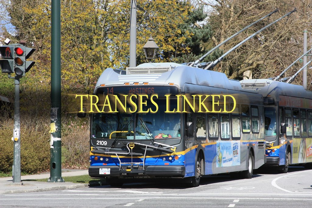 A TransLink trolleybus with the Dark Souls-style caption "Transes Linked".