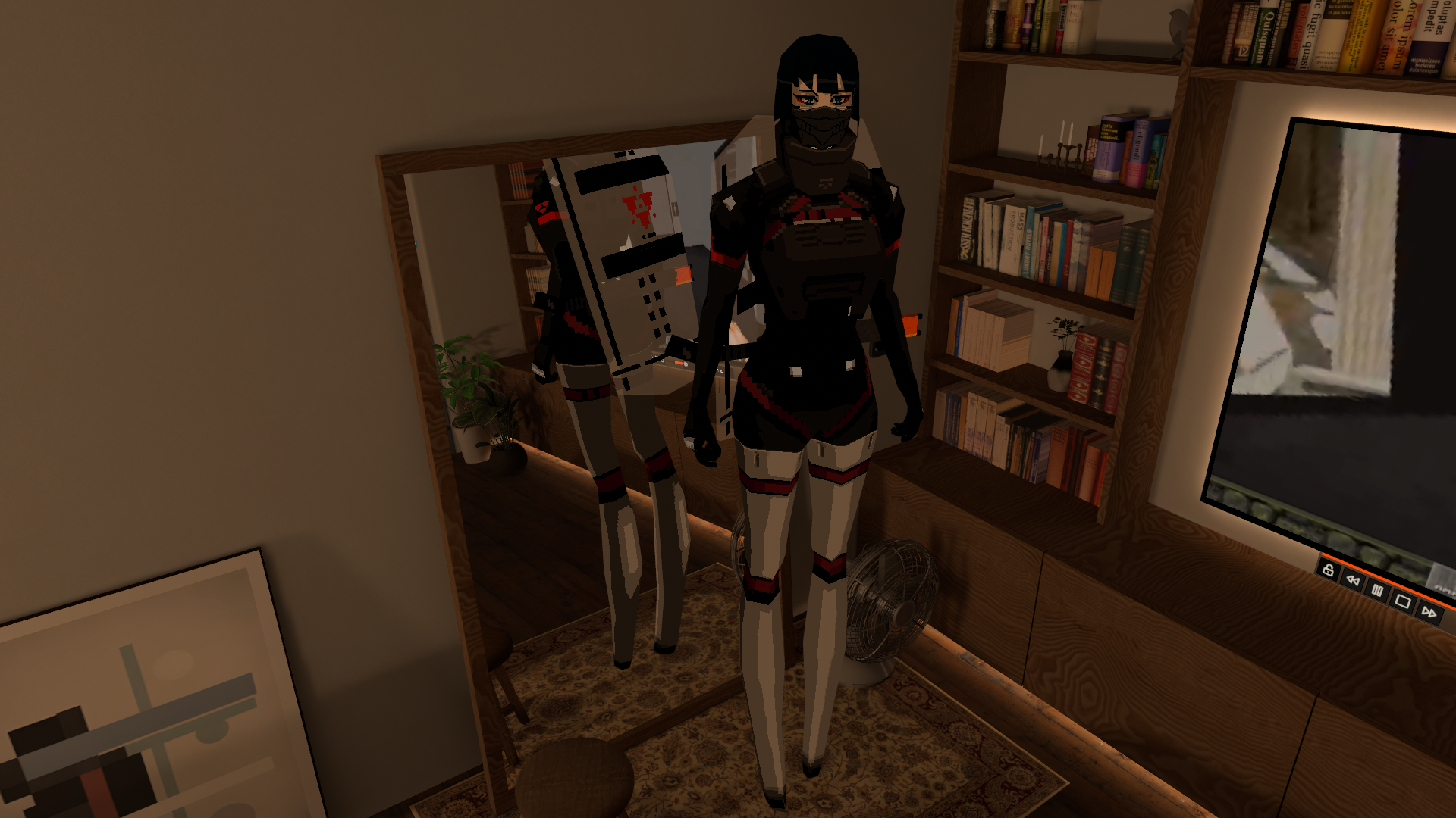 VRChat screenshot of a STAR unit from Signalis, wearing it's signature armor with red strapping, a black mask, a stun baton mounted to it's back, and a semi-transparent riot shield with a sierpinski triangle on the front. The shield and rear of the model is made visible by a mirror. the background contains a beige wall, large wooden bookshelf with a television, a metal desk fan sitting on the floor, and a decorative carpet.