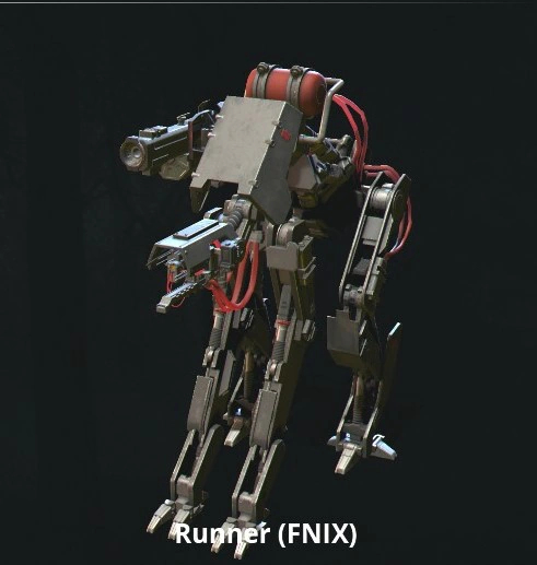 Generation Zero "Runner" bot, FNIX class, a quadruped bot with very angular limbs and an armor plate above it's head partially protecting its fuel tank, which is visibly distinct from it's gray body with a bright red paintjob. There is a gun mounted to the bot on it's right hand side, and it's head looks similar to an early 00s security camera.