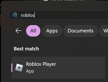 windows 11 search for "roblos" properly pulling up the Roblox Player application 