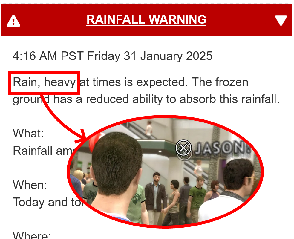 A cropped screenshot of a weather report for a rainfall warning: "Rain, heavy at times is expected. ..." with the words "Rain, heavy" circled, pointing to a screenshot of the video game "Heavy Rain" with the "Jason!" button visible