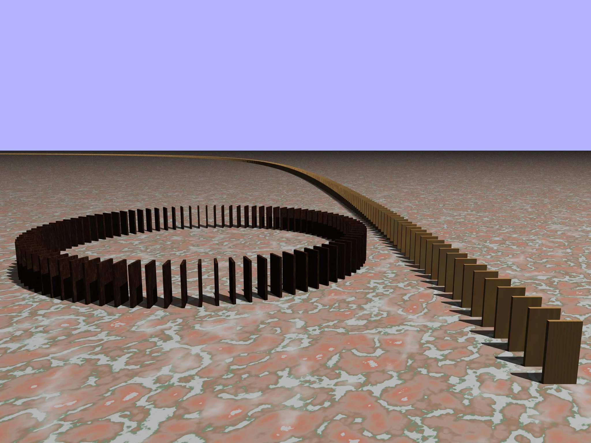 a mildly unsettling, somewhat primitive (yet high resolution) 3D render of a ring of dark wood colored dominoes next to an infinite chain of lighter wood-colored dominoes, on a strangely textured infinite surface
