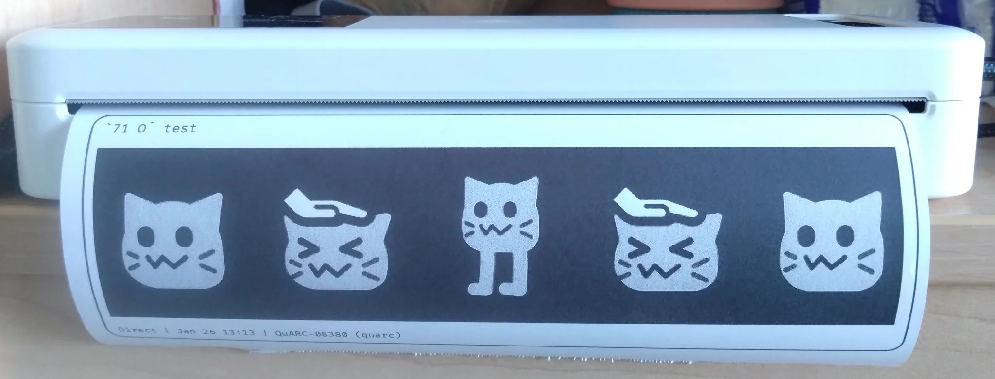 A thermal printer, printing out a piece of paper of letter-size width with a post on it:

`71 O` test

[Image: A neocat getting patted, having legs, getting compressed again, and returning to normal, like it's some spring action thing.]

Direct | Jan 26 11:14 | QuARC-08380 (quarc)