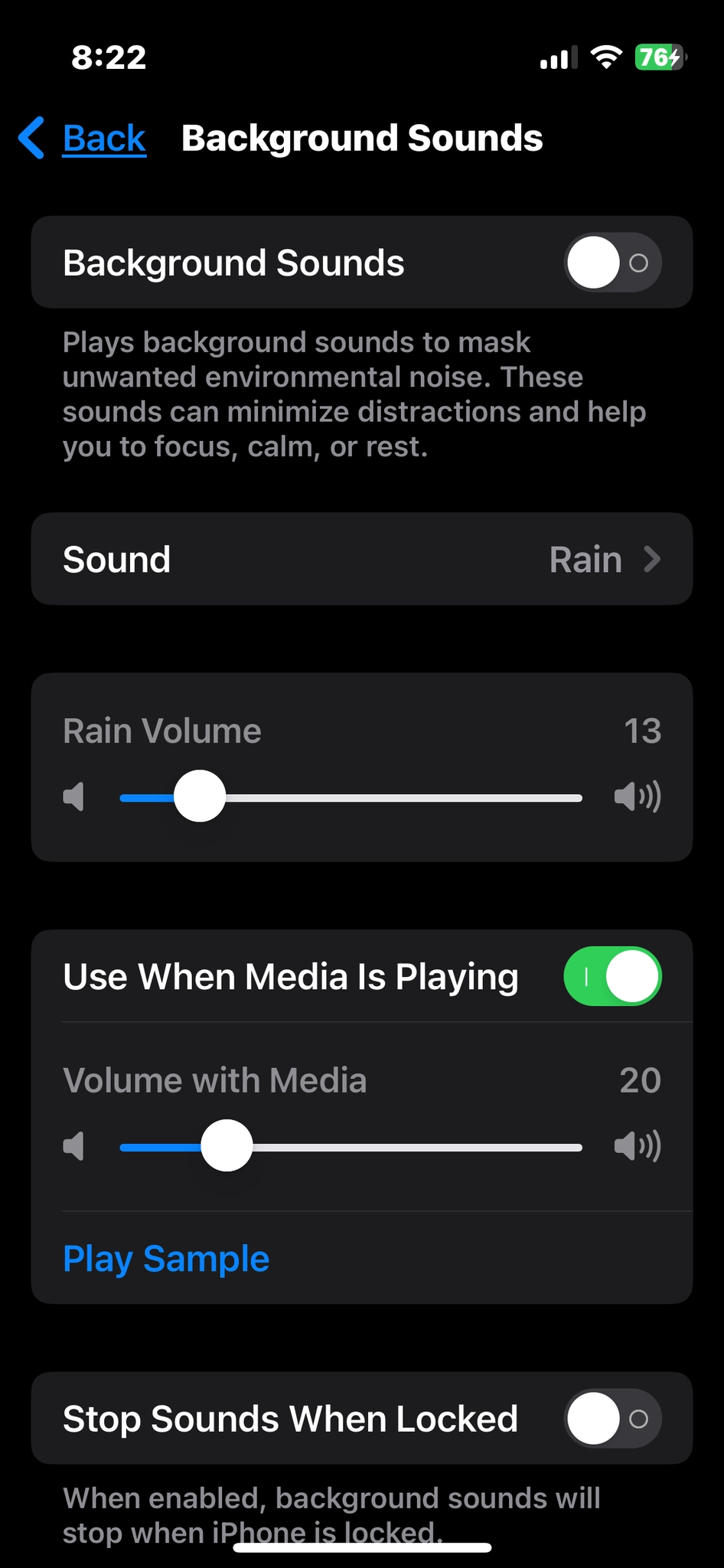 ios settings screenshot of the sound accessibility settings fir background noise 
