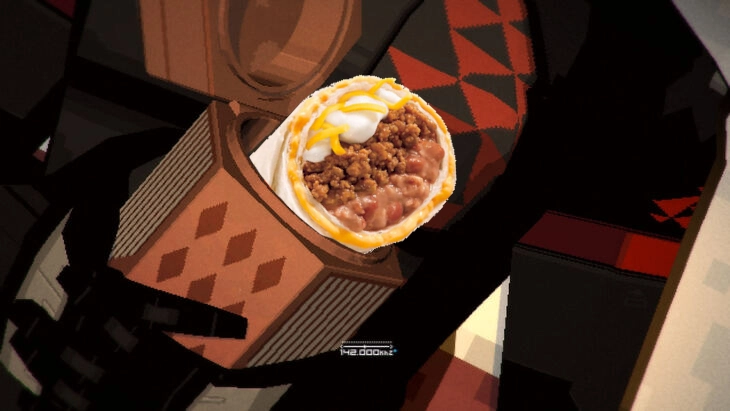 Signalis screenshot of a Falke unit holding an open owl-shaped hexagonal box, inside is an edited-in Taco Bell Beefy 5 Layer Burrito