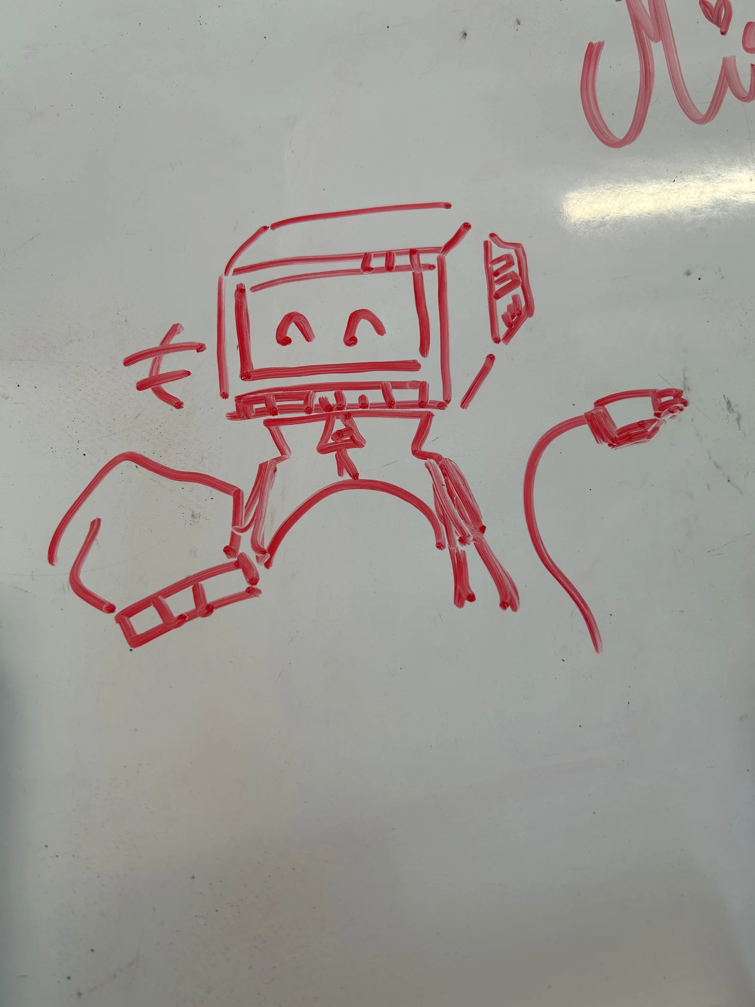 headshot whiteboard marker drawing of 573-L, a monitor head robot with a long sleeve sweater 