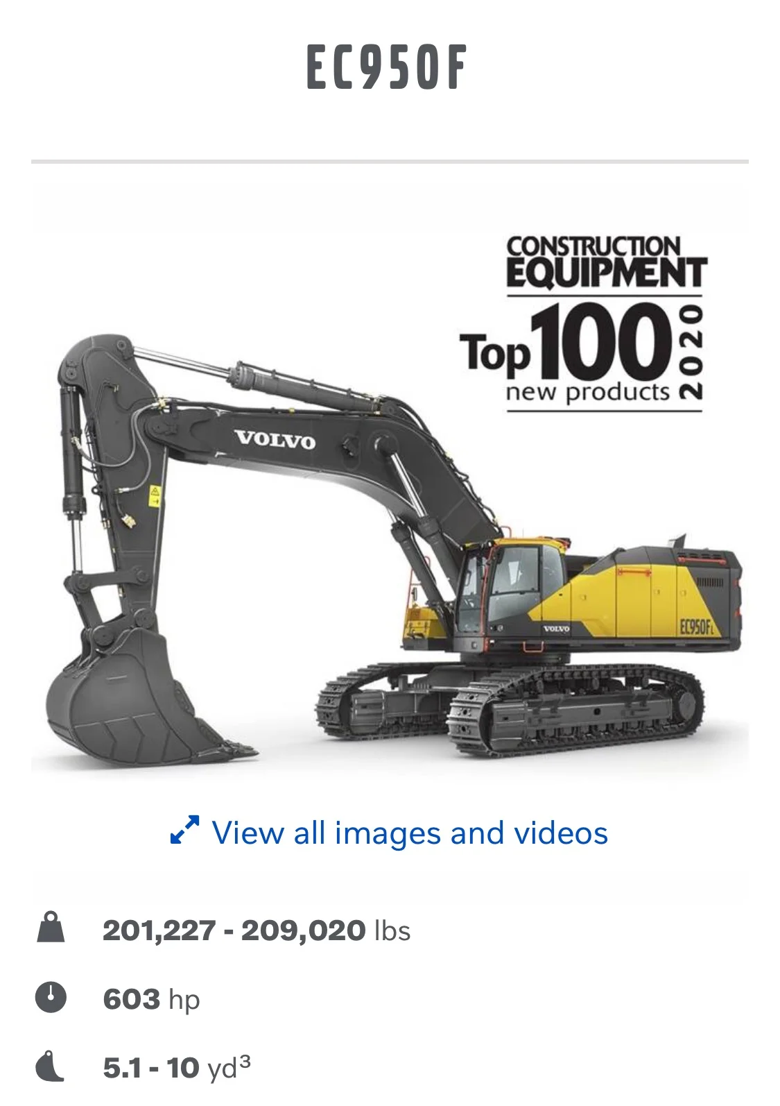 photo of said volvo excavator in black and yellow, 45 degree profile listing the stats below:
A 201,227 - 209,020 Ibs
O 603nhp
d 51-10yds
