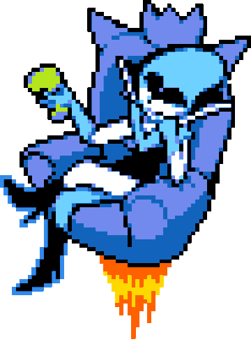 Queen from deltarune lounging in a blue throne. She's a blue, white and black humanoid robot. She's holding a wine glass of toxic green liquid