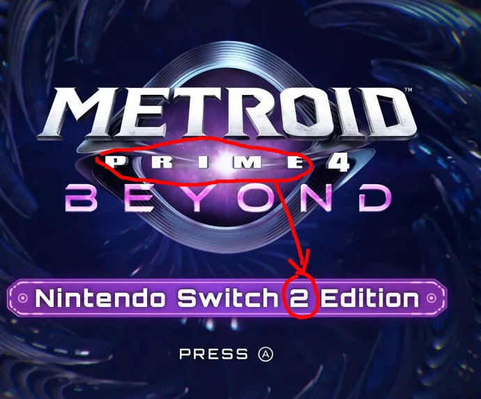 The metroid prime 4 title screen, with the "nintendo switch 2 edition" label added. The word "prime" is circled and pointing to the number 2.