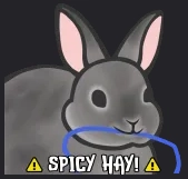 a drawing of a bunny eating a blue wire, with tiny triangular warning signs around the text "SPICY HAY!"
