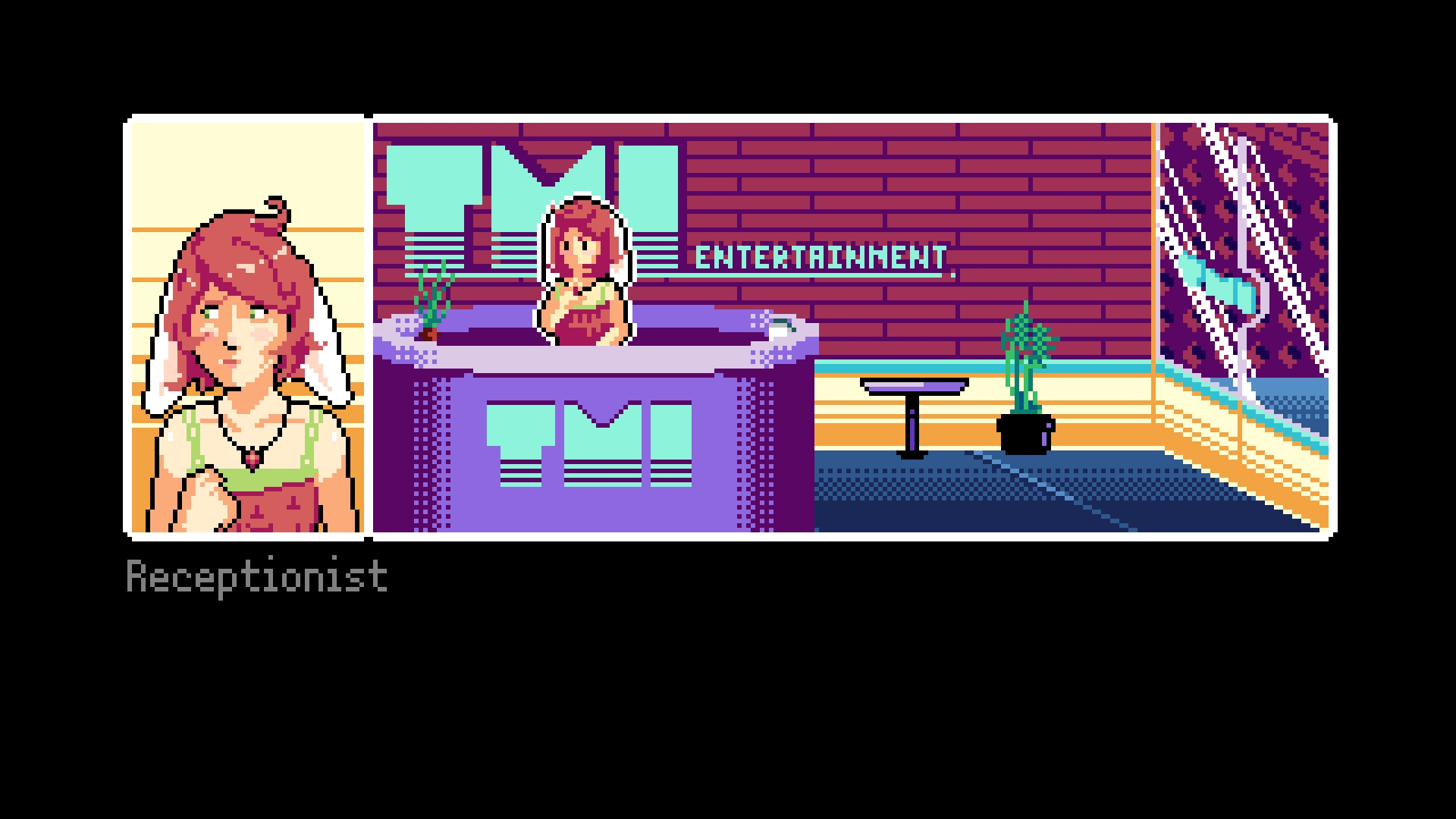 A screenshot of the game 2064 read only memories. The person highlighted is shown in detail on the left. She is a nervous-looking woman with rabbit ears and a rabbit nose, reddish brownish hair, a strawberry (I think) necklace and a green and red dress or top her bottom half is behind the desk)