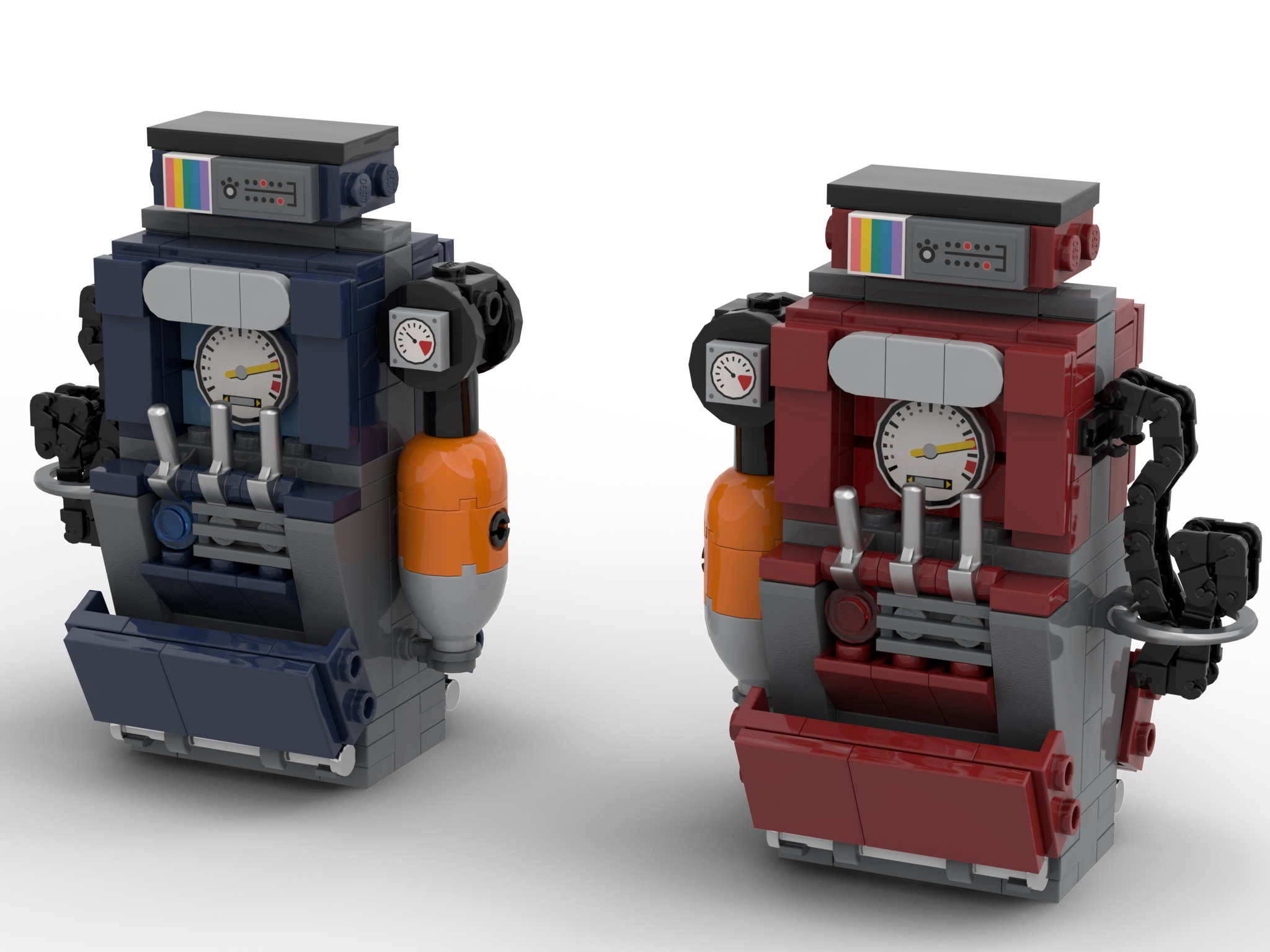 realistic 3d render of the blue and red team dispensers from Team Fortress 2 made in lego, on a transparent/black background.