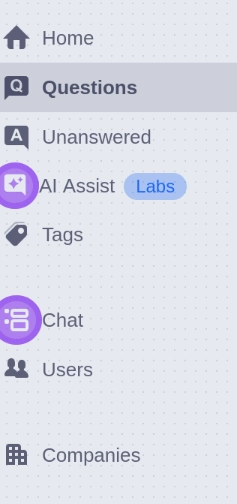 The sidebar on stack overflow with various tabs, however two, AI answers and chat, are highlighted with really ugly (in my opinion) purple circles that are cut off so it looks even worse