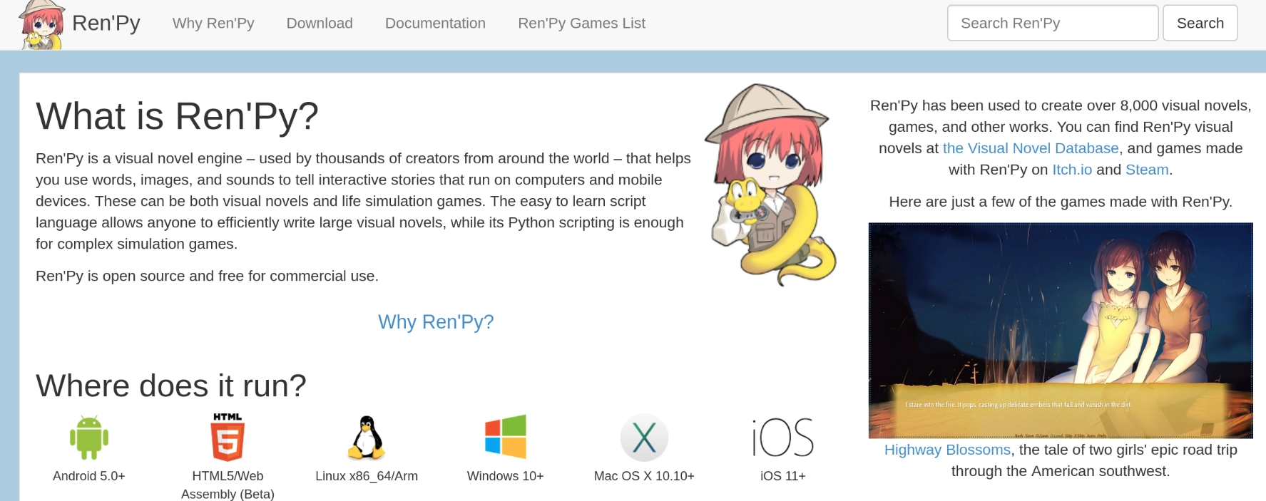 The renpy homepage displaying information about the engine. On the right side is a featured game called "Highway Blossoms" which is described as "the tale of two girls' epic road trip through the American southwest." The image is a cute anime illustration of two girls in front of a campfire