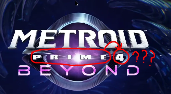 The title screen for Metroid Prime 4, with "Prime" circled and pointing to the 4 next to a bunch of question marks