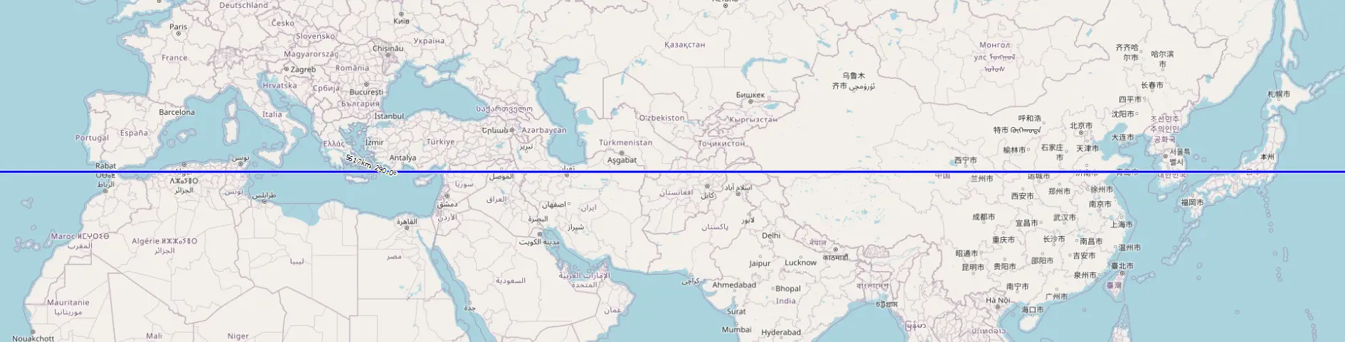 a map of Eurasia with 36°N drawn on it. It passes through the strait of gibraltar, northern algeria, tunisia, southern greece, syria, iraq, iran, southern turkmenistan, afghanistan, pakistan, northern china (along qingdao), south korea, and japan.