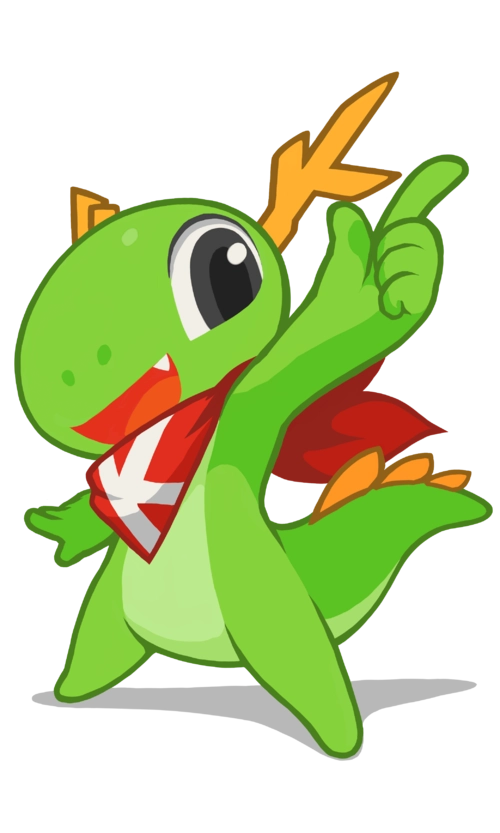 Konqii, mascot of KDE. He's a cheerful little green dragon with k shaped antlers and a bandana with a K on it