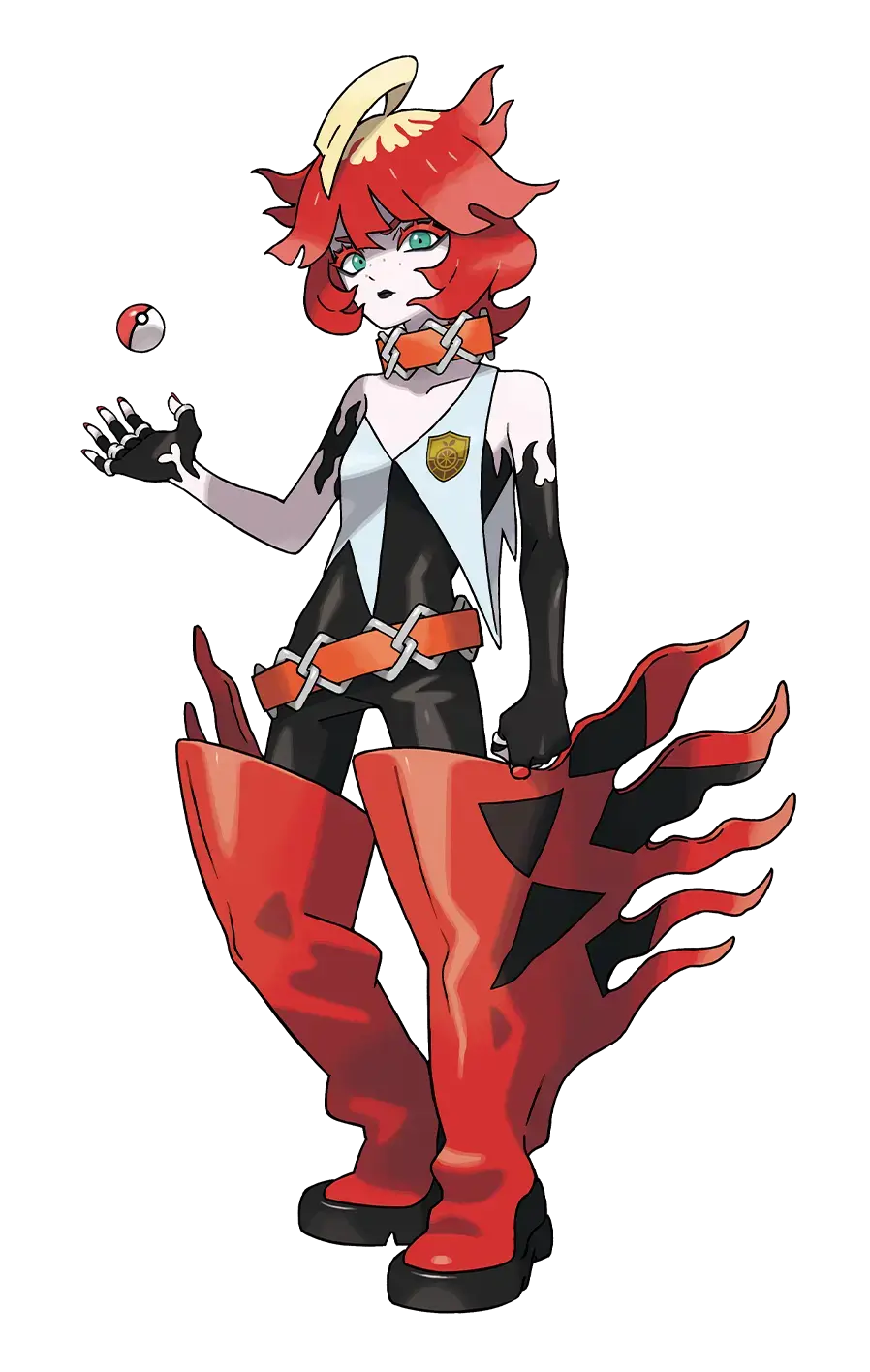 Mela from Pokemon Scarlet and Violet. A pale short haired young woman wearing a very bold red flame inspired outfit with large boots