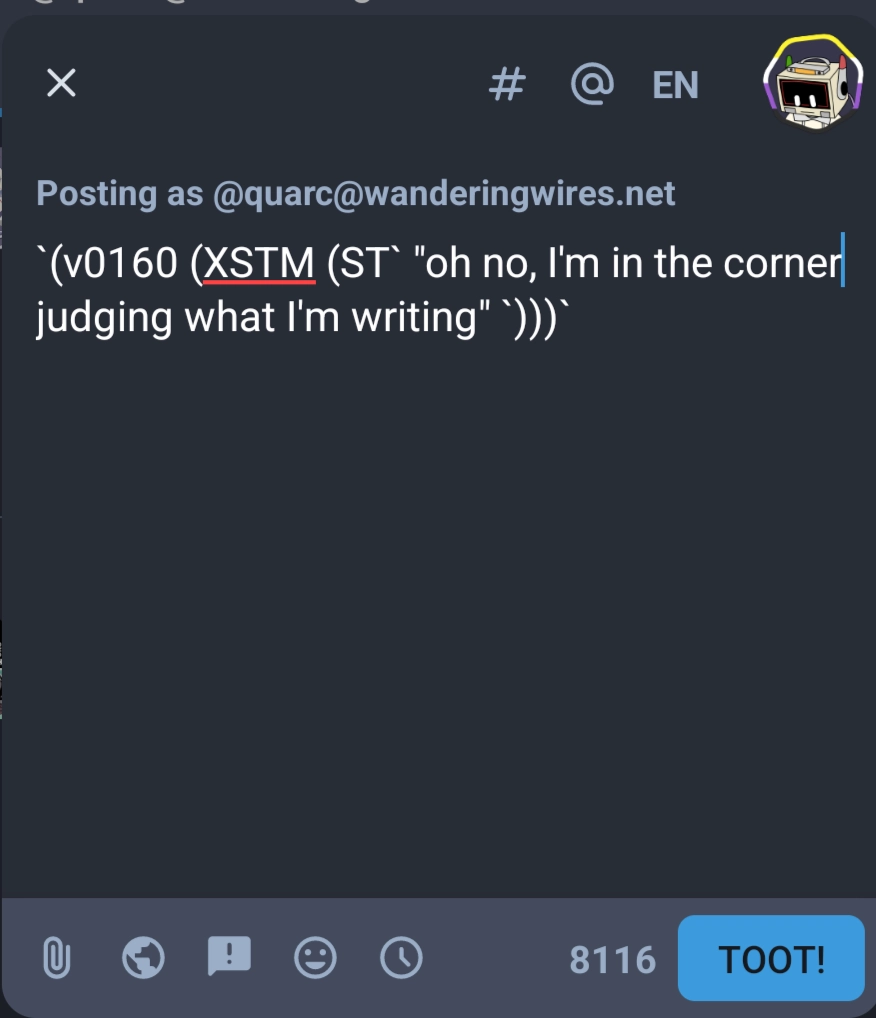 A screenshot of the tusky interface for writing a new post. On the top right corner is my profile picture, where I'm looking towards the text of the post. The text of the post in the screenshot is the same as this post.