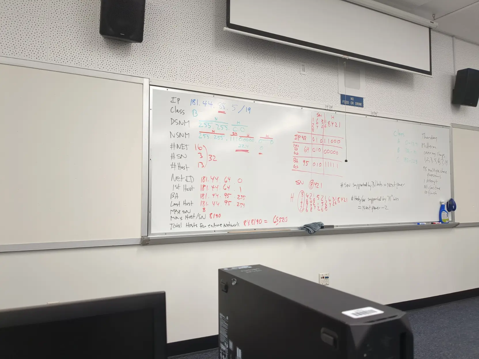 A whiteboard filled with a dissection of a an IP address with a cidr notation and what it means. Calculations of the subnet and categorizing what type of address it is and so on