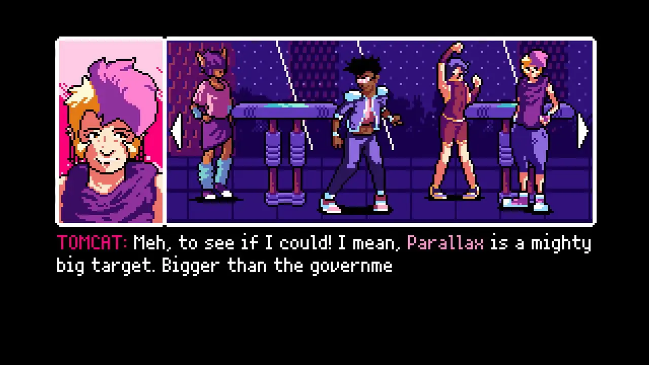 Screenshot of the point and click adventure game 2064 Read Only Memories. There are four pixel art figures, one it which (the person talking) is a pale person wearing loose purple shorts and a lighter purple tank top. They have half purple half blond hair and a charming smile