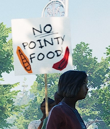 the protest signs in goat simulator have been replaced with "no pointy foods".