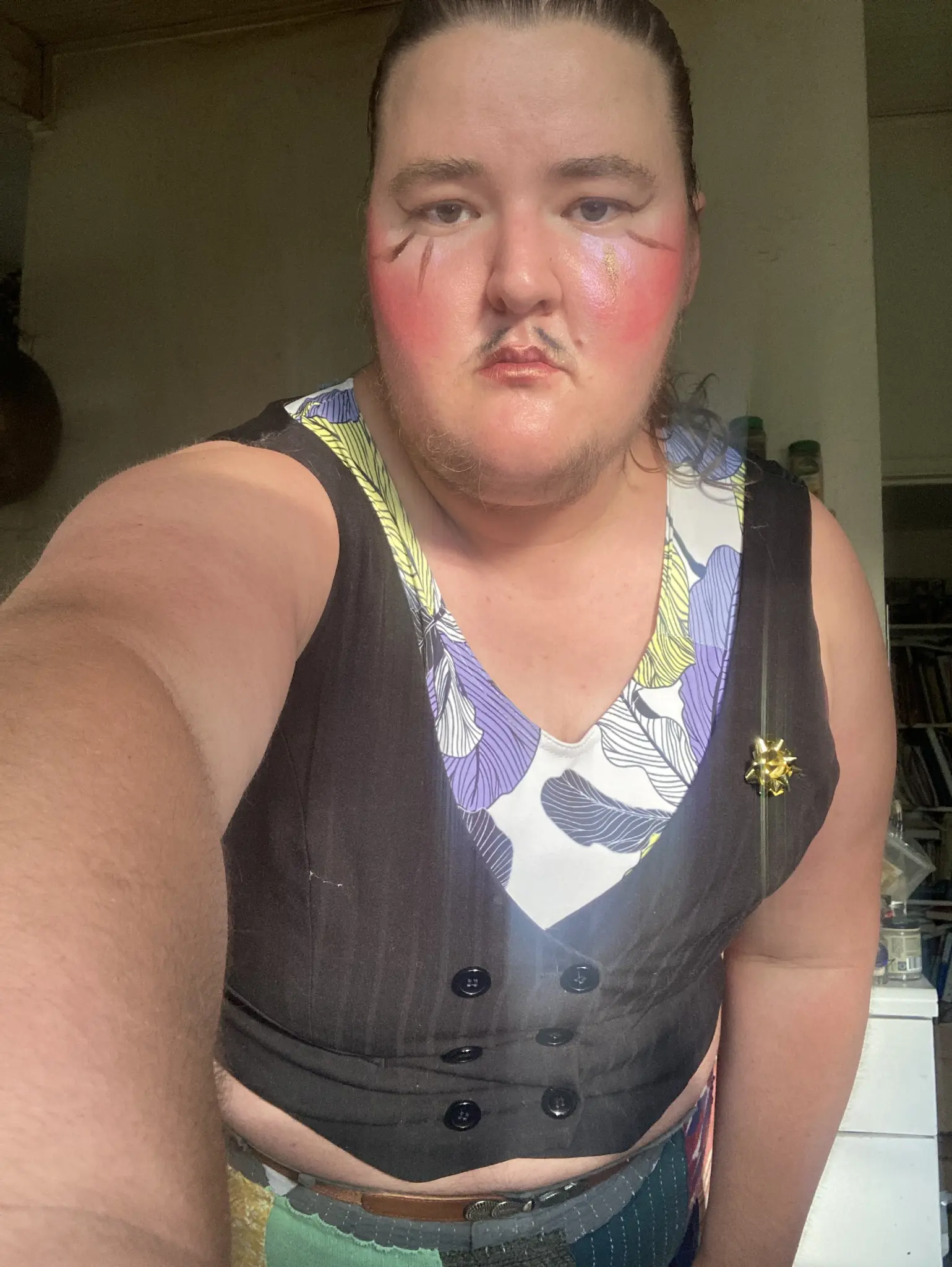 Closeup of the same outfit and showing my makeup featuring a penciled on mustache and dramatic blush