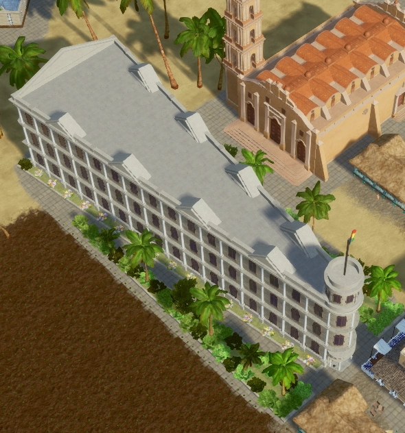 a screenshot of the bank building in tropico 6. it looks like a slice of cake/pizza, a wedge, or a door stop placed sideways.