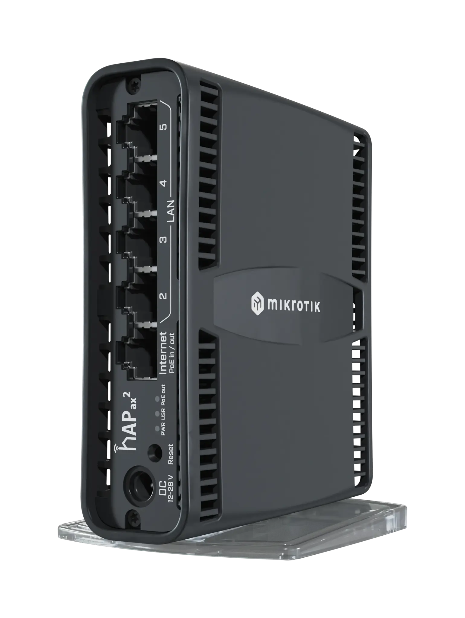 The Mikrotik hAP ax². A small black box laying on its side with a stand with 5 ethernet ports, a DC power plug and a reset button. The case has cooling vents