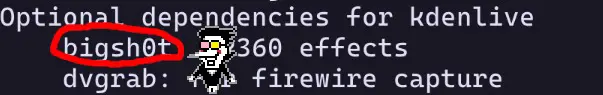 A screenshot of pacman's optional dependency list for kdenlive. One of the packages is called bigsh0t. I've added a red circle around the package name and Spamton, a little clown puppet guy, from deltarune