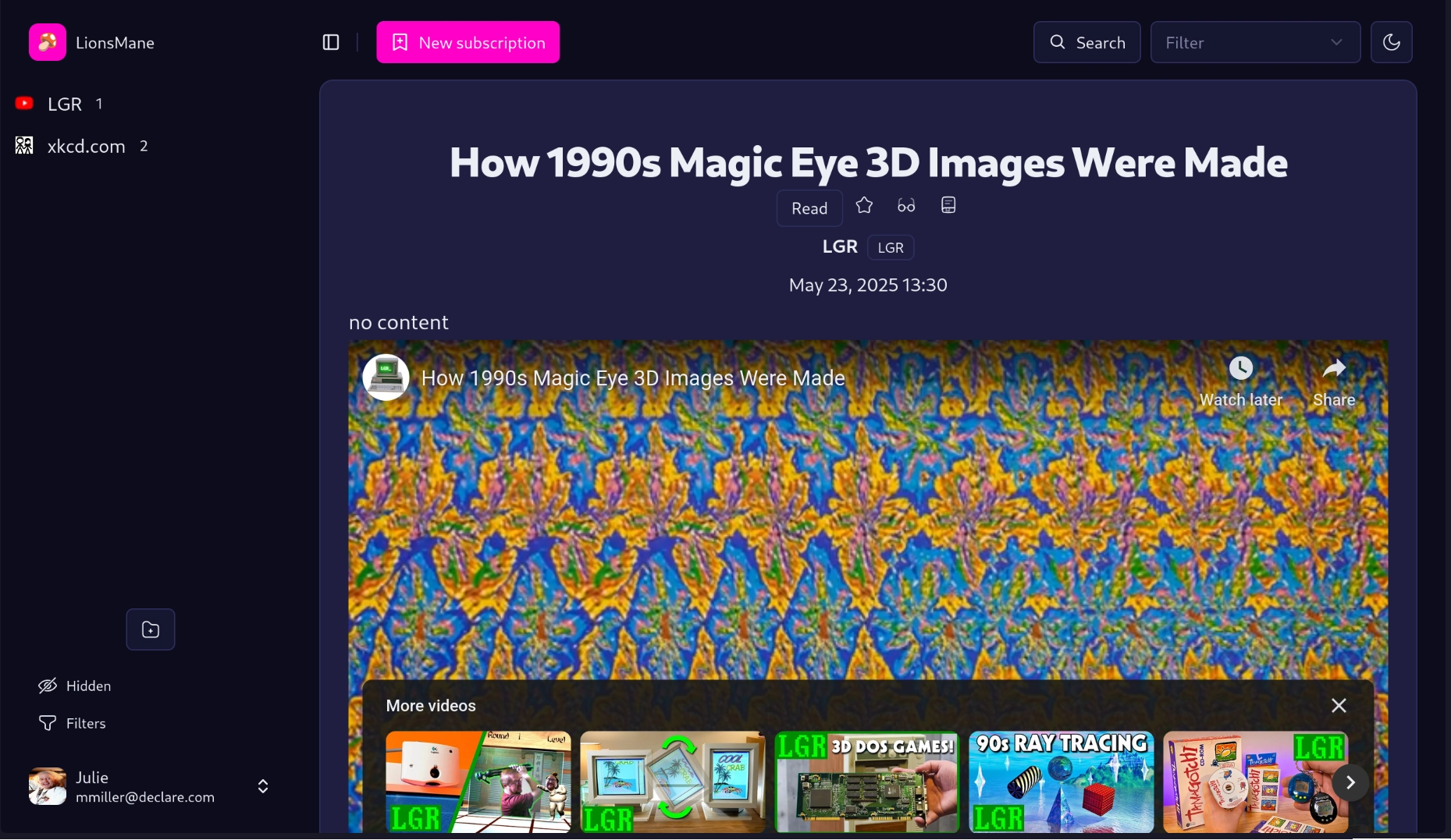 A screenshot of lionsmane, a dark mode with pink accents feed reader. An article is displayed but it's actually a youtube video from the channel LGR. The video is called "How 1990s Magic Eye 3D Images Were Made"