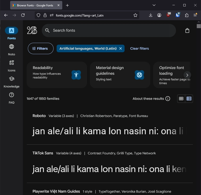 A screenshot of Google Fonts' website's "Search fonts" page. It is set to "Artificial Languages, World (Latin)" and the example text is in Toki Pona