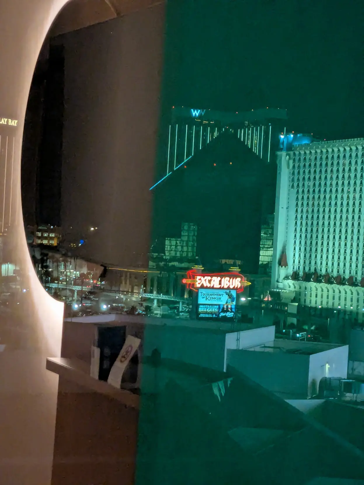 A photo of the Luxor casino from my room window. It's a giant black pyramid with RGB lights on the edges