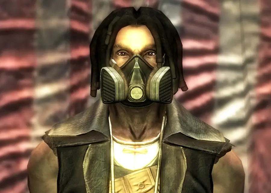 Ulysses from Fallout New Vegas. A mixed black and indigenous man with dreadlocks, a stern expression, a half face respirator, and a black leather duster.