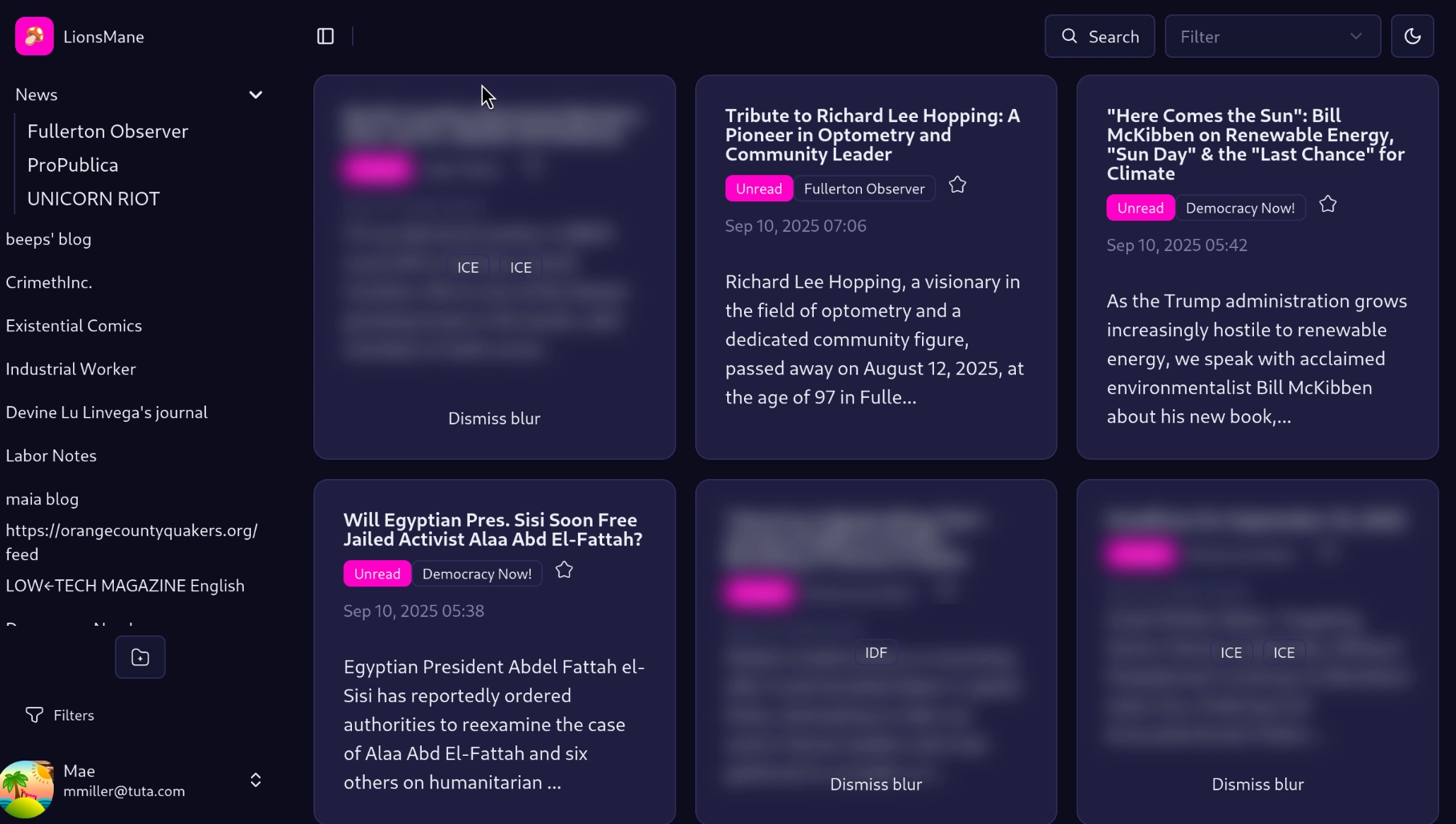 lionsmane rss feed dash showing a number of articles, some of which are blurred with a content warning.