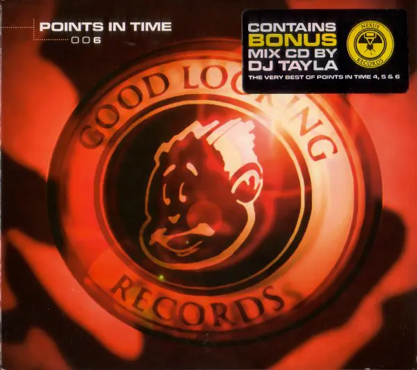Album art for a drum and bass mix called Points in Time 006. The art is a red curved seal or button of the label logo with a cartoon man and the label name on the edges. The whole image has a red tinge.